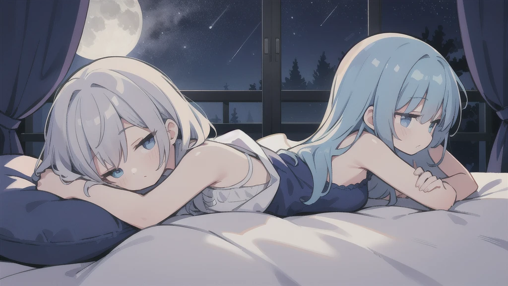 bed, side view, night, moonlight, blue lighting((not human)),((background))