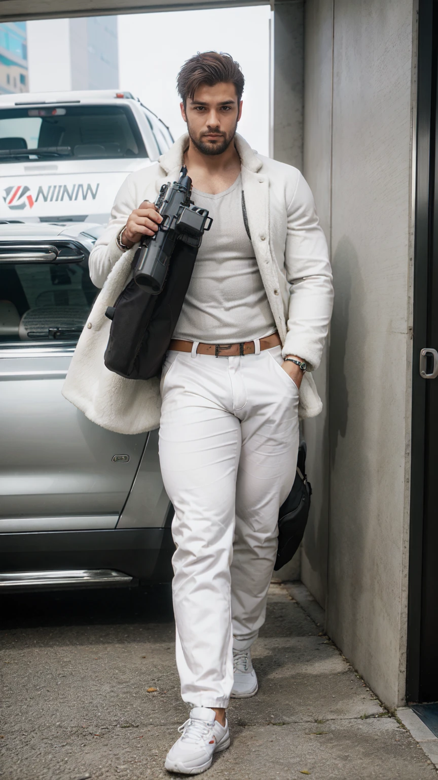 1 handsome men wearing fitting clothes matching coat pant, white stylish shoes,carrying gun name shotgun in one hand, 1personality,killer looks, handsome,no single beard,full with kindness and attitude,reach personality, clothing scence,(town City vehicles showroom scenary)