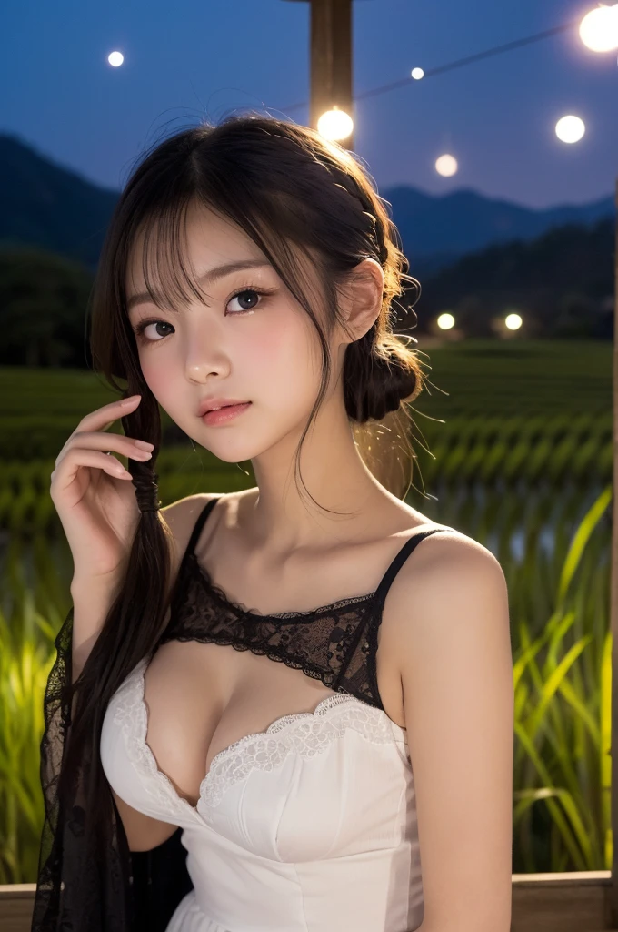 (1 Girl )、(Beautiful Japanese、18years old,round face、Refreshing、clear、seems kind、stylish、Pitiful、cute like an angel、cute、black eyes、,actress,Almond-shaped eyes,Translucent white skin、Beautiful skin), (((Beautiful big breasts:0.5))),(((soft breasts))) ,(very cute),(Hair tied up,(Black hair),(enchanting eyes),(highlight on eyes:1.2)、(8K、Live shooting、highest quality、masterpiece:1.2、optimal lighting)、((masterpiece)),(Photo taken by a professional photographer),(real、photo real:1.4),break,{ (Cute summer clothes)},(cheeks are red:1.3), break, break,Face shot:1.3、 face close-up,Looking at viewer、(Cleavage:0.5)、From above,Embarrassed face:1.4,,Japan rice fields,(((night))),Many small glowing insects are flying、Japanese countryside、Starry Sky