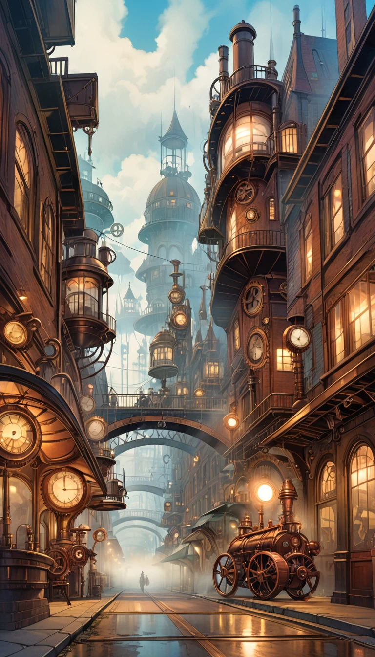(steampunk:1.5), city street landscape, bridges, fog, art inspired by Bill Sienkiewicz.