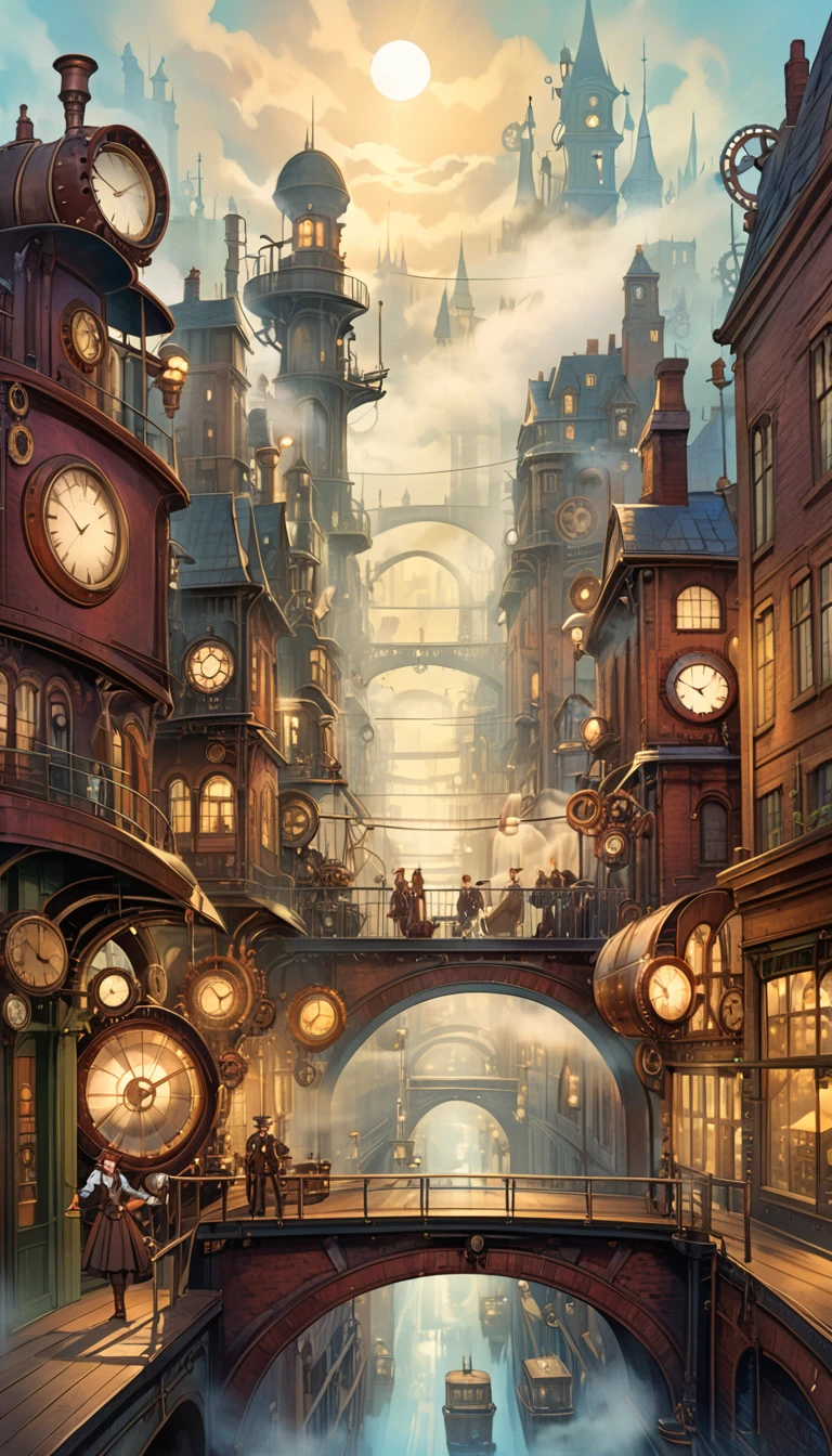 (steampunk:1.5), city street landscape, bridges, fog, art inspired by Bill Sienkiewicz.