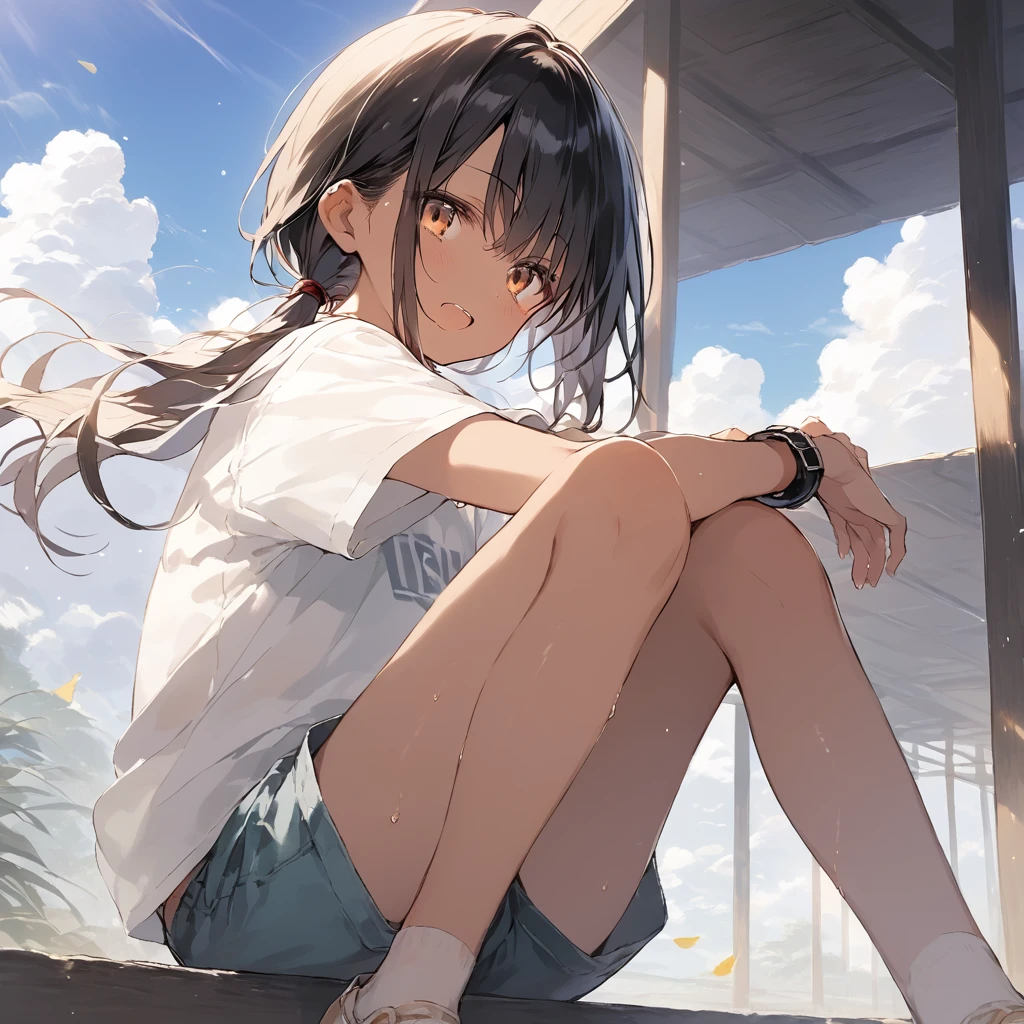 score_9, score_8_up, score_7_up, source_anime, best quality, masterpiece,official art, absurdres, highres, waifu2x,Collection: Slice of Life,break,1girl, tomboy, dark-skinned female, short hair, low ponytail, flat chest, beautiful detailed eyes, short shorts, sweat, open mouth, (yawn:0.3), sleepily, outdoors, wind, break,(clear line illustration:1.2),very high resolution, very aesthetic, super detailed skin, Best sexual lighting powered by famous artist, 8k,cute picture,beauty illustration,photoshop_(medium),,(Detailed Lighting),
anime moe artstyle, best anime 8k konachan wallpaper, pixiv contest winner,