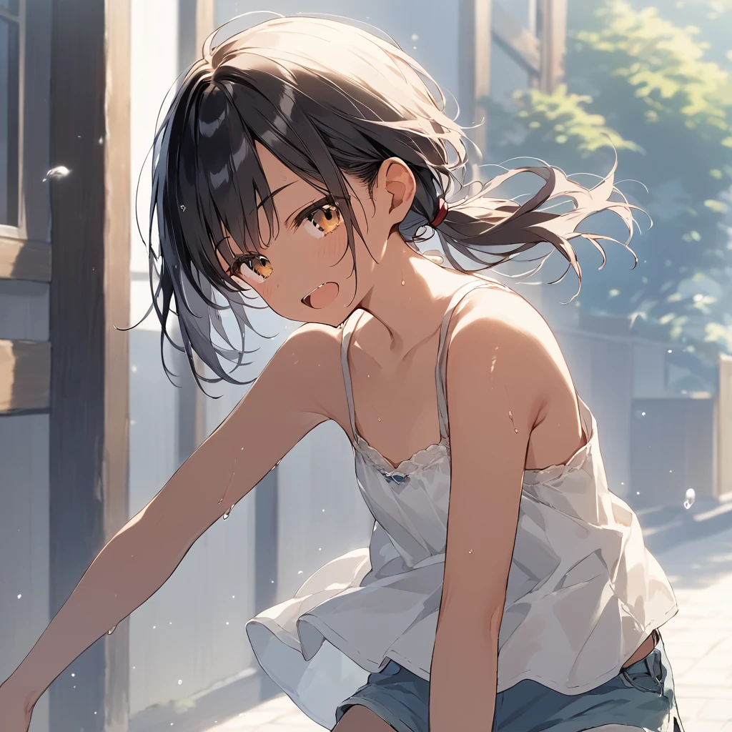 score_9, score_8_up, score_7_up, source_anime, best quality, masterpiece,official art, absurdres, highres, waifu2x,Collection: Slice of Life,break,1girl, tomboy, dark-skinned female, short hair, low ponytail, flat chest,  beautiful detailed eyes, short shorts, sweat, open mouth, (yawn:0.3), sleepily, outdoors, wind, break,(clear line illustration:1.2),very high resolution, very aesthetic, super detailed skin, Best sexual lighting powered by famous artist, 8k,cute picture,beauty illustration,photoshop_(medium),,(Detailed Lighting),
anime moe artstyle, best anime 8k konachan wallpaper, pixiv contest winner, 