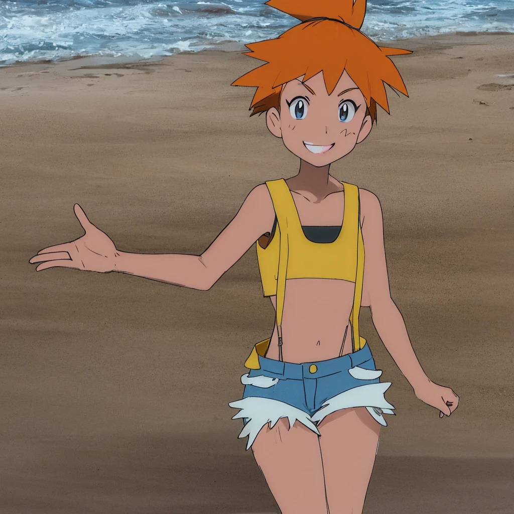 ((masterpiece,best quality)), absurdres, Misty_Pokemon, yellow crop top, suspenders, side ponytail, orange hair, denim shorts, solo, smiling, looking at viewer, cowboy shot, , tropical beach,