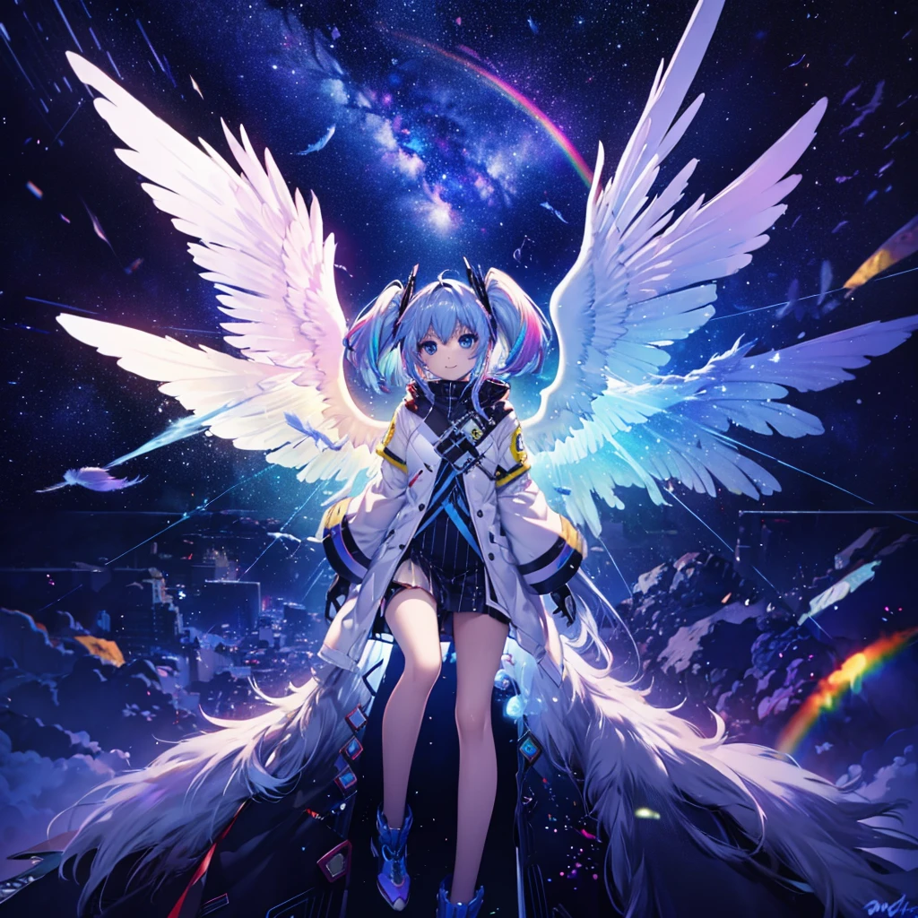 ((Archangel Fantasy Rainbow Hair Make your hair rainbow-colored on the inside Twin tails Dull blue eyes Has a galaxy uniform Put on a coat without putting your arms through it Wings many times larger than mine rainbow gradient feathers Digital Wings cyber punk Smiling Kindly front)) ((tears gloves)) (Broken glass Rolling Pebbles Distorted Space-Time star) Catch the wind milky way Shining Background Particles of light, rainbow colored edges Shining Edge star