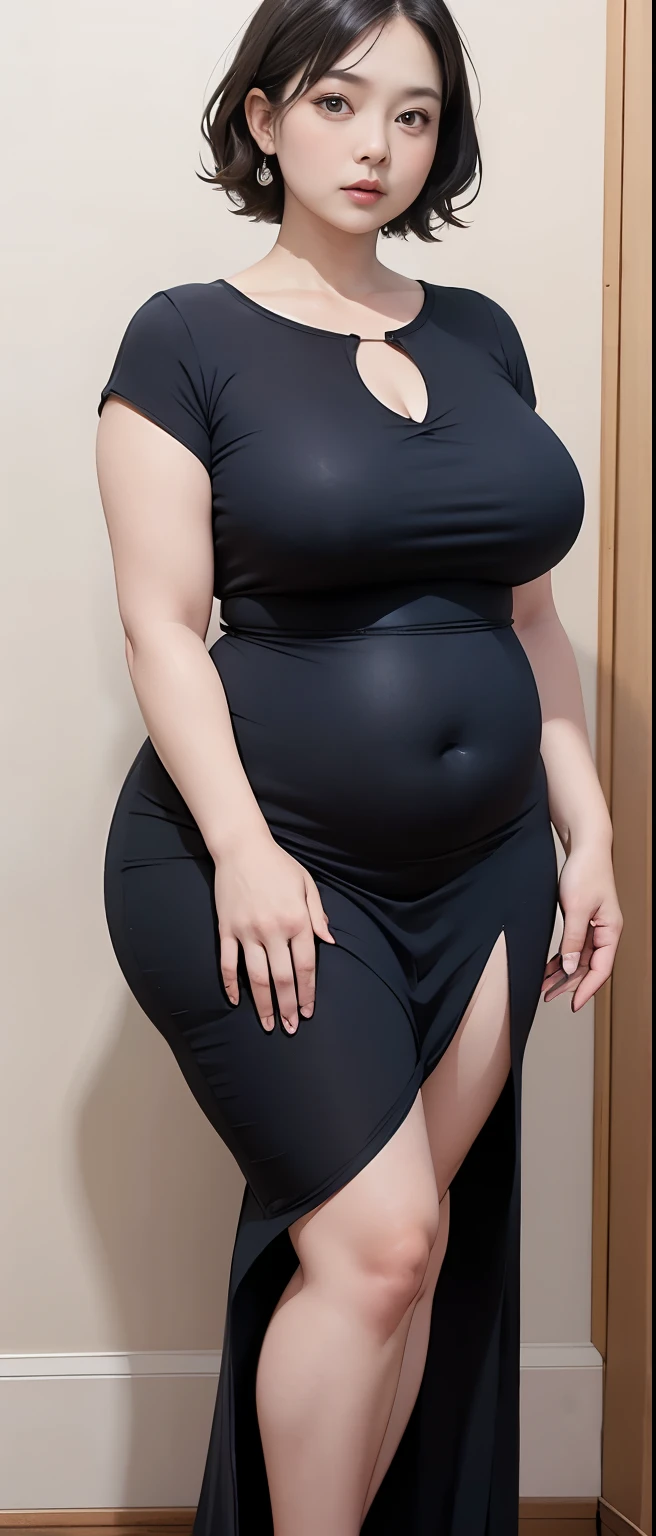 Chubby woman with chubby belly and tight thighs, full body, 50-year-old mature woman, thick hips, thick neck, thick chest, big eyes, wearing a longest dress, wavy short hair, Height 170 cm , full body