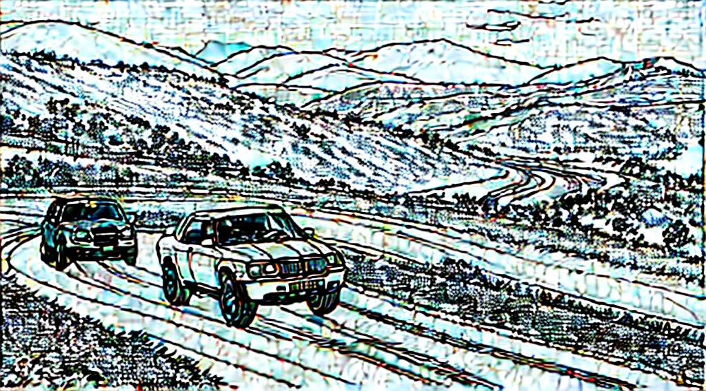 Colouring book page, beautifully drawn, black and white, car racing in the mountains and on the coast, standing alone on land, simple line, illustration, ink drawing, thick outlines very visible, clean lines, dashed drawing, clipart. A car is moving along the road, another car is catching up with it from behind. The sea and mountains are in the background.