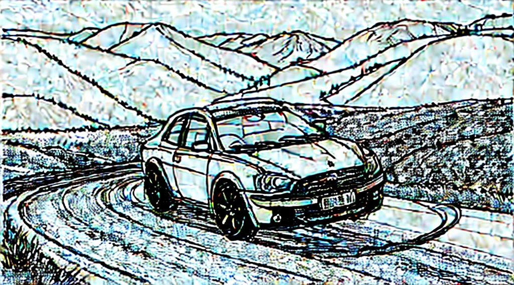 Colouring book page, beautifully drawn, black and white, car racing in the mountains and on the coast, standing alone on land, simple line, illustration, ink drawing, thick outlines very visible, clean lines, dashed drawing, clipart. A car is moving along the road, another car is catching up with it from behind. The sea and mountains are in the background.