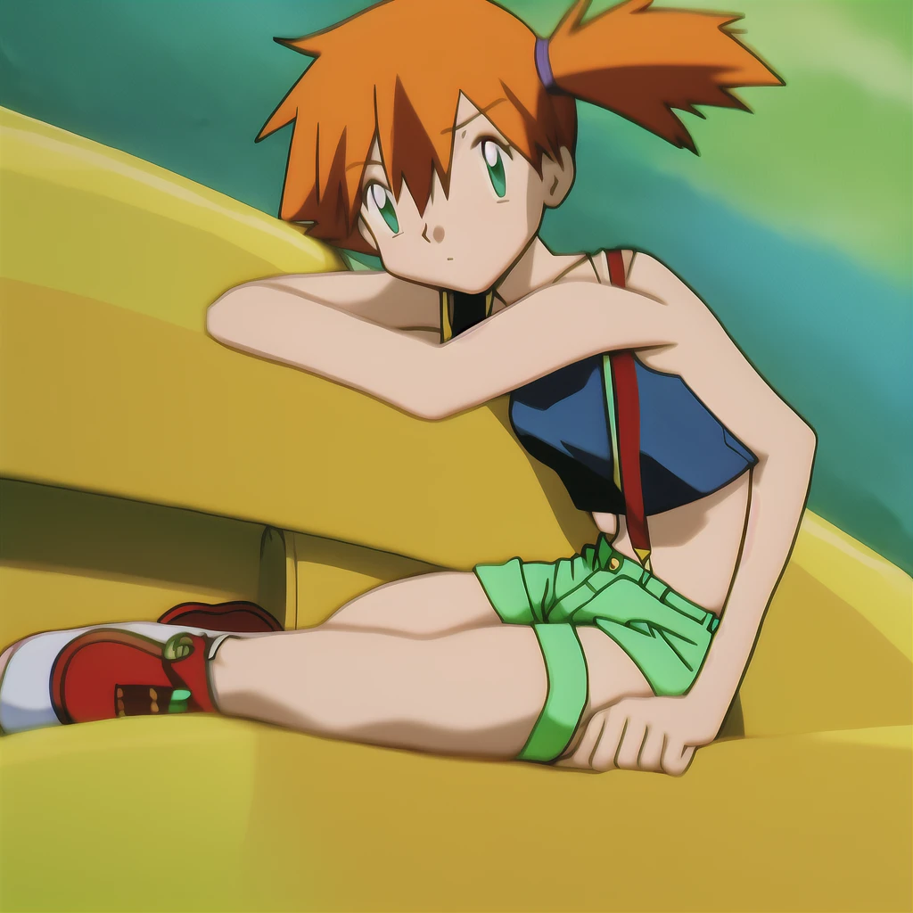 misty, 1girl, breasts, looking_at_viewer, short_hair, closed_mouth, bangs, navel, hair_between_eyes, bare_shoulders, sitting, green_eyes, full_body, lying, sleeveless, midriff, orange_hair, side_ponytail, crop_top, looking_to_the_side, eyelashes, bare_legs, sleeveless_shirt, leaning_forward, arm_support, suspenders, tank_top, denim_shorts, yellow_shirt, hair_tie, green_shorts, suspender_shorts, yellow_tank_top