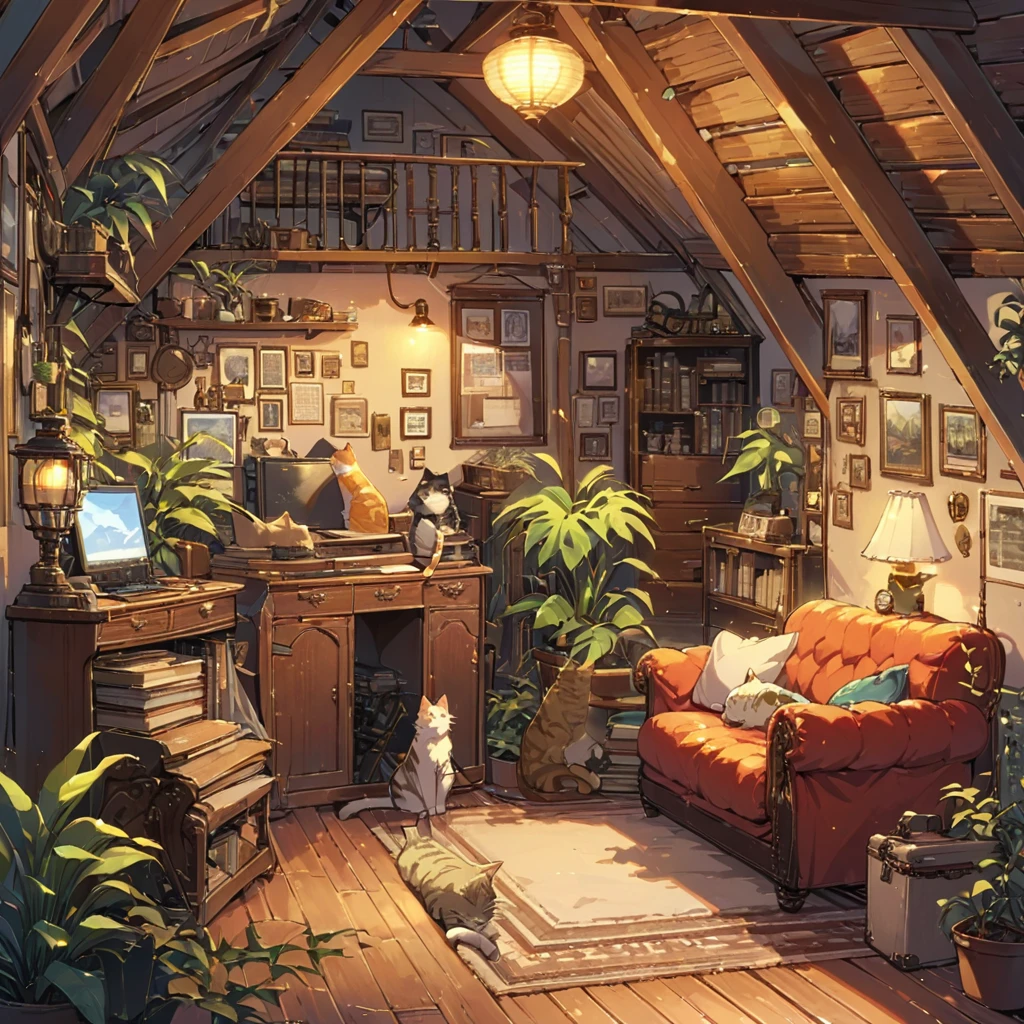 ((anime:1.4,illustration)),(masterpiece, top quality, best quality),(ultra-detailed, absolutely resolution),((16k, high res)),

(((Interior, attic, books, houseplants, cat, lamp, antique furniture, sofa))), 

((cosy lofi illustration:1.4)), ((anime:1.4, illustration)),(masterpiece, top quality, best quality),(ultra-detailed, absolutely resolution),((16k, high res)) BREAK {lofi art, style of Laurie Greasley, style of Makoto Shinkai, anime aesthetic}, BREAK { (produces images with information than 40 million pixels with cinematic-like detailed textures shot on a Sony SLR).}