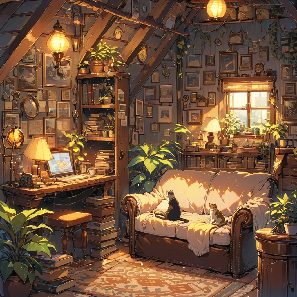 ((anime:1.4,illustration)),(masterpiece, top quality, best quality),(ultra-detailed, absolutely resolution),((16k, high res)),
(((Interior, attic, books, houseplants, cat, lamp, antique furniture, sofa))),
((cosy lofi illustration:1.4)), ((anime:1.4, illustration)),(masterpiece, top quality, best quality),(ultra-detailed, absolutely resolution),((16k, high res)) BREAK {lofi art, style of Laurie Greasley, style of Makoto Shinkai, anime aesthetic}, BREAK { (produces images with information than 40 million pixels with cinematic-like detailed textures shot on a Sony SLR).}