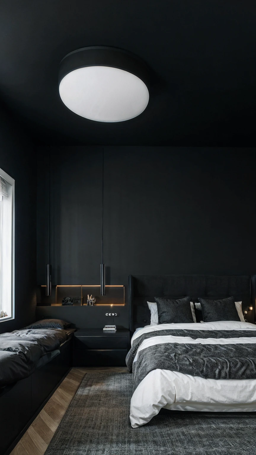 best quality, ultra high res, realistic style room realistic style room, lighting, plain black walls , bedroom
