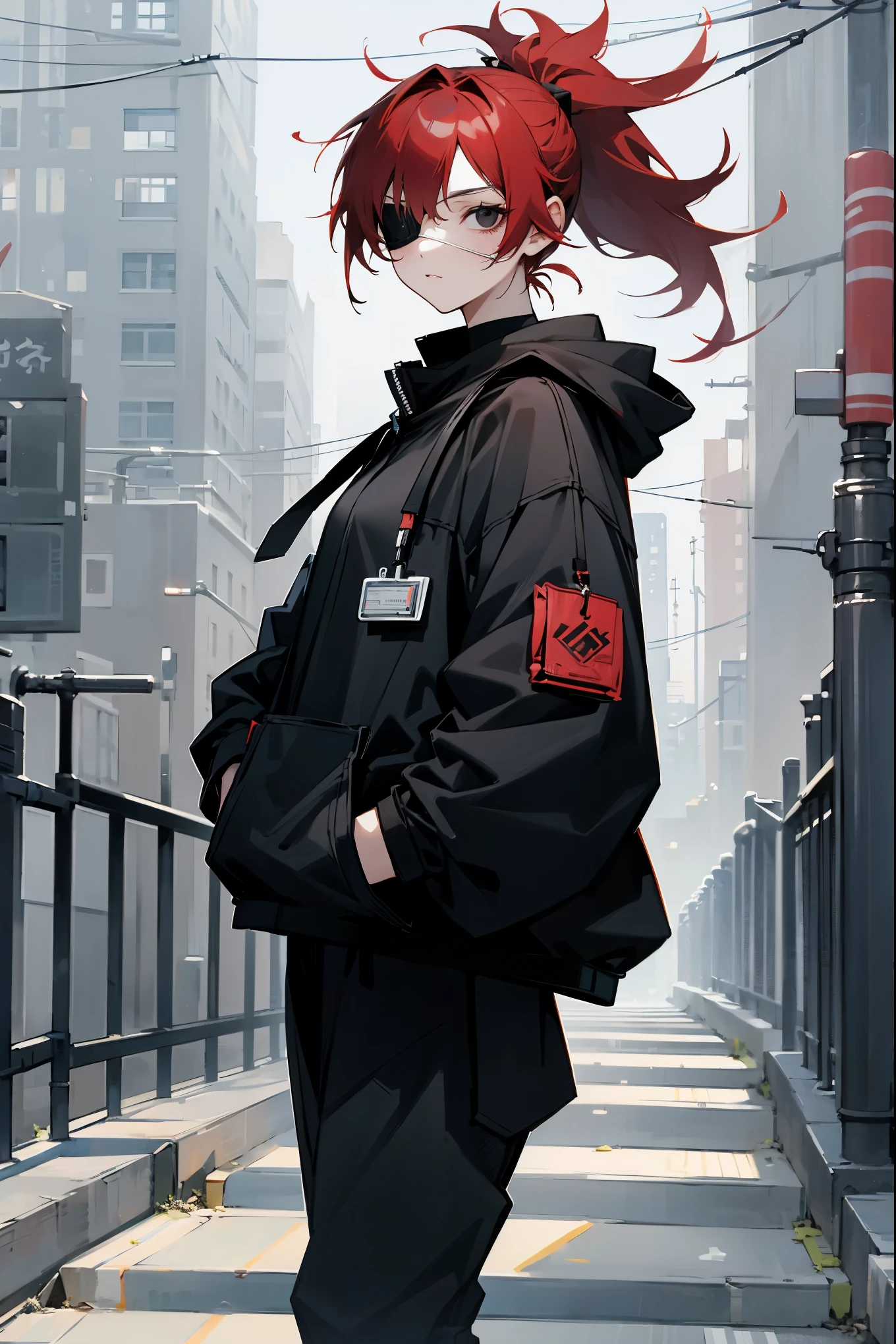 1female, red hair, medical eyepatch, black eyes, messy hair, ponytail, black baggy clothing, city background, detailed background, hands to side, standing on path