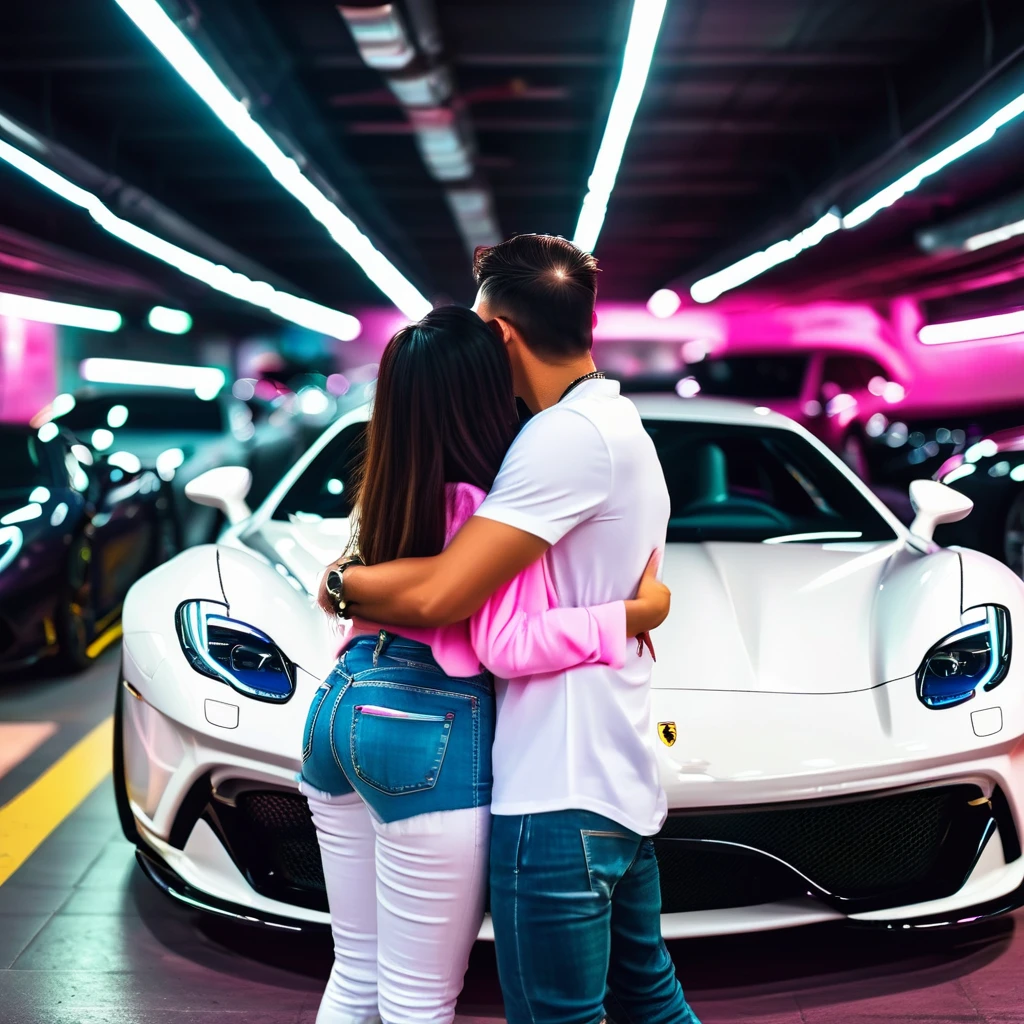 (low angle shot from below)) ((rear view)). a happy surprise woman,(((hugging a smiling man in white tshirt and jeans))),looking at luxury underground car garrage. a lot of car , ferrari, rolls royce, bentley, mercedes, bmw, kournisegg, honda and pink hello kitty mc laren mercedes in the garrage . full of neon light