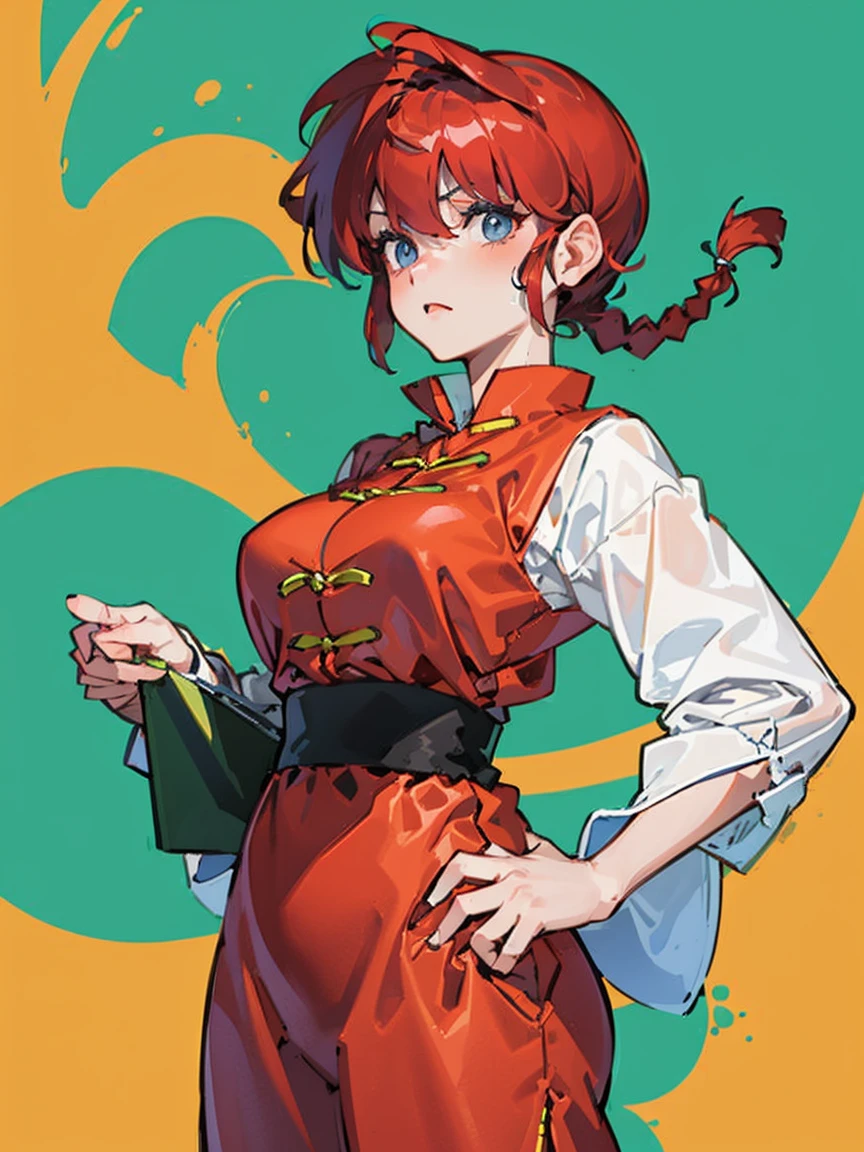 ((masterpiece:1.4)), expensive quality, very_expensive_solve, big_file size, Full Color, Thick outline, Clear contours, colorful, (Beautiful fine details, Are thin:1.4), ((Beautiful Face:1.0)), ((Boyish face:1.4)), 1 girl, (Ranma), (Redhead), short hair, (Braided Ponytail), ((bangs)), bumpy bangs, Blue-gray eyes, Big Breasts, Curvy, Ranma, Braided Ponytail, (Red Chinese Clothing), No sleeve, Tangzhuang, Black trousers, Are standing, ((, Are thin:1.4)), ((from the front:1.4)), Are thin:1.4