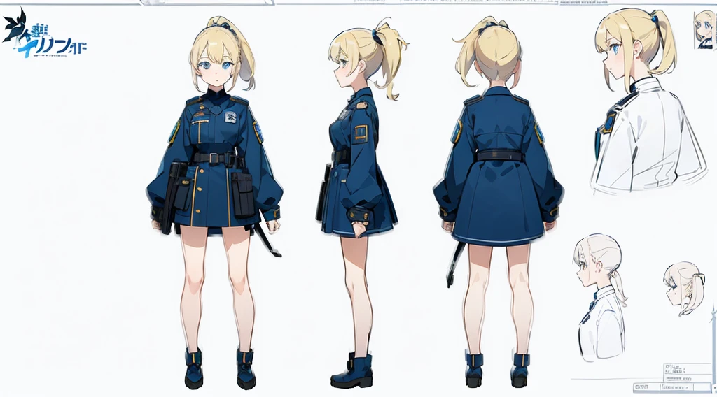 (masterpiece, best quality) police girl ,blonde hair ponytail,blue eye,((character design sheet, same character, full body, 3views, front, side, back))