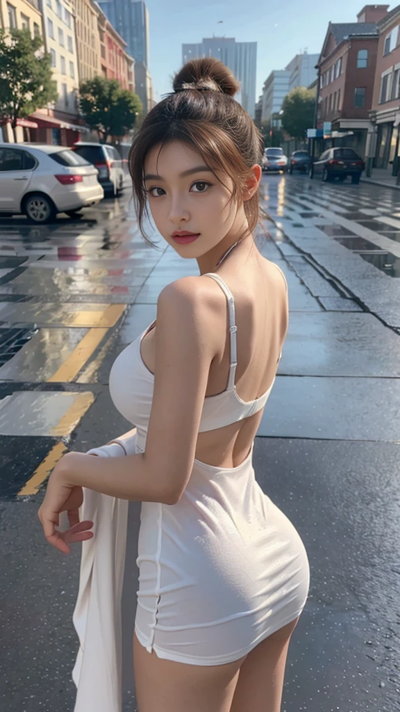 ((Best quality, 8k, Masterpiece: 1.3)), Contour: 1.2, Perfect body beauty: 1.4, Butt: 1.2, ((ponytail, Round chest: 1.5, cleavage exposed) ), (Rain, Street: 1.3), Headband dress: 1.1, Highly detailed face and skin texture, Beautiful eyes, Double eyelids, White skin, Long hair, (Silent: 1.3), Full close ,Ultra HD,8K