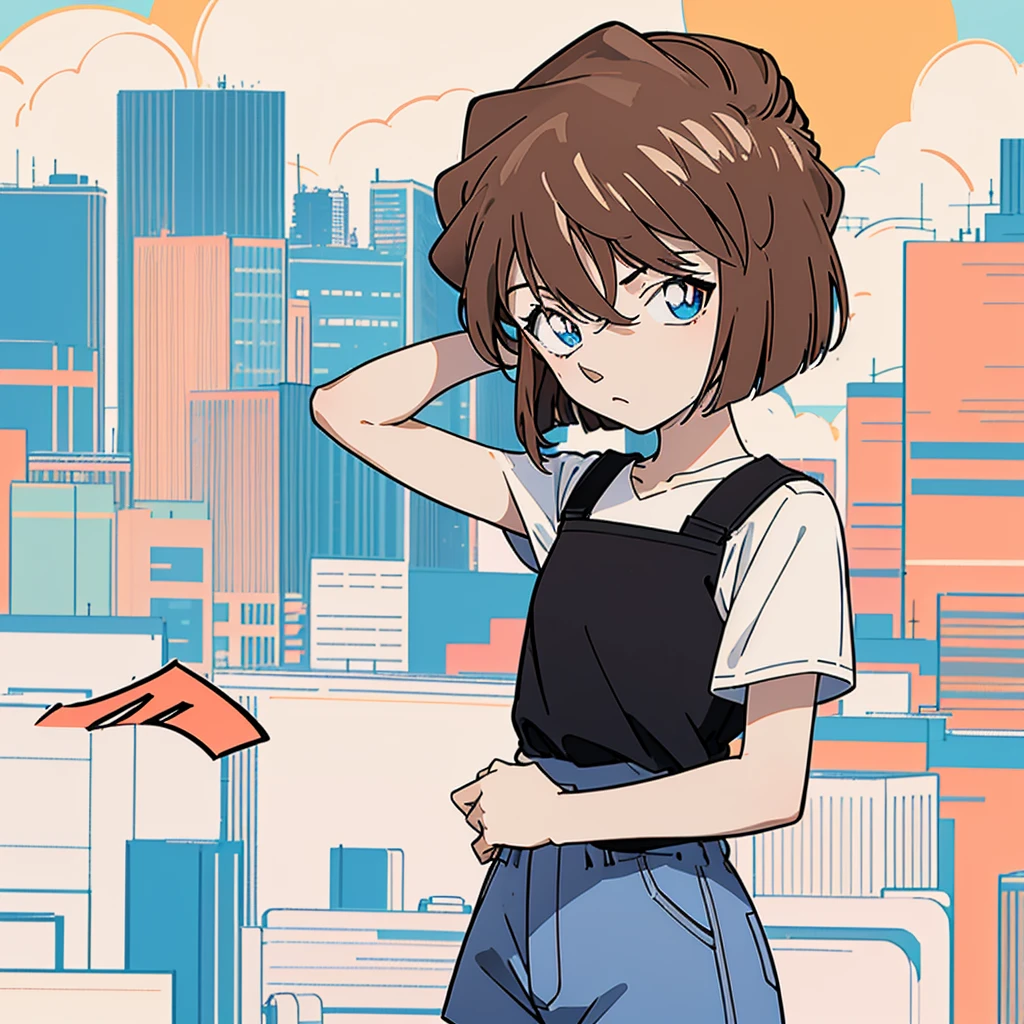 anime style, (1girl in, Solo:1.0), (Haibara Ai), ((Short pants)), (((Big eyes))), (Cute anime girl head), (flat chest),looking at viewer,With a height of 100cm, shoot from front, (head shot), Simple line minimalism, Abstract Art, City background
