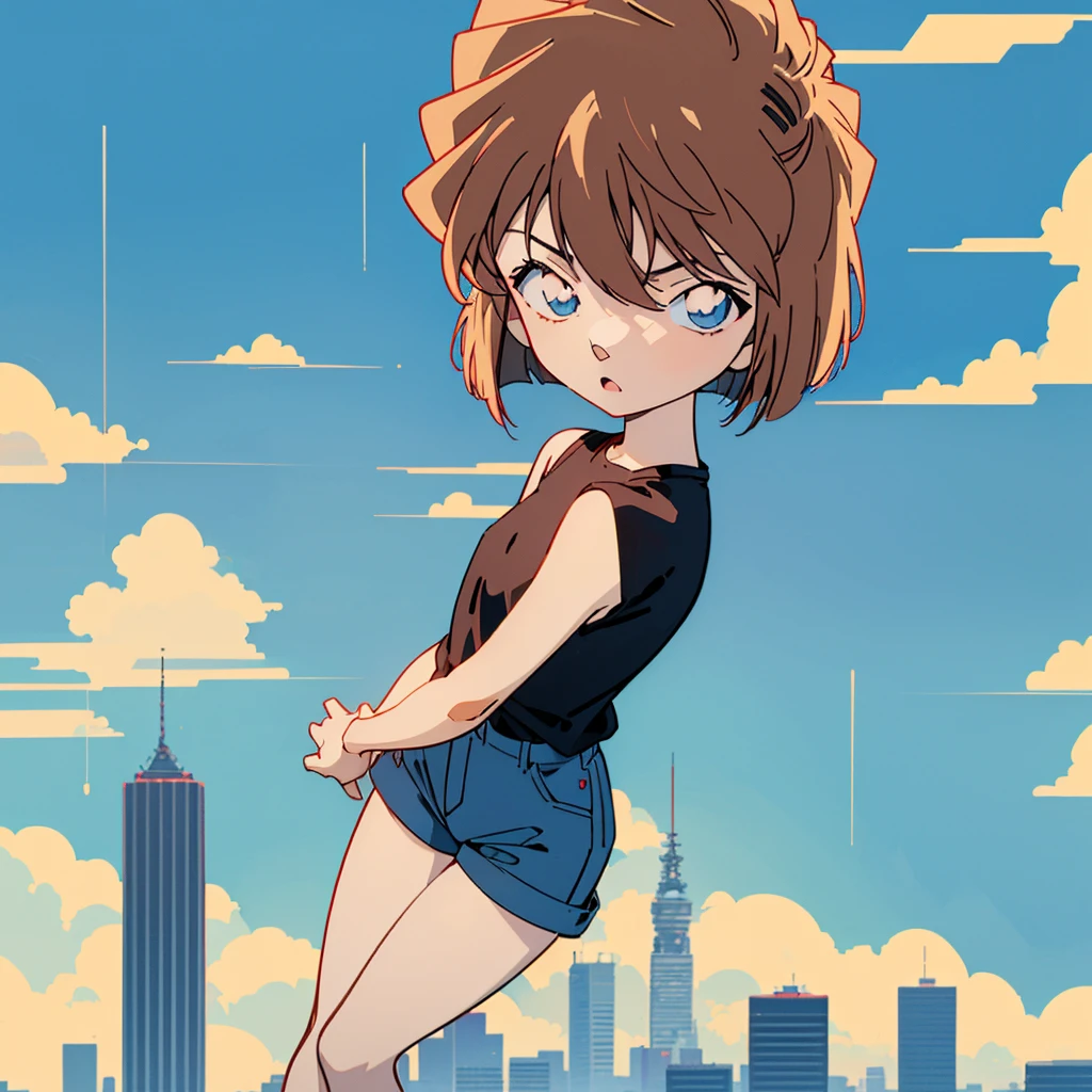 anime style, (1girl in, Solo:1.0), (Haibara Ai), ((Short pants)), (((Big eyes))), (Cute anime girl head), (flat chest),looking at viewer,With a height of 100cm, shoot from front, (head shot), Simple line minimalism, Abstract Art, City background