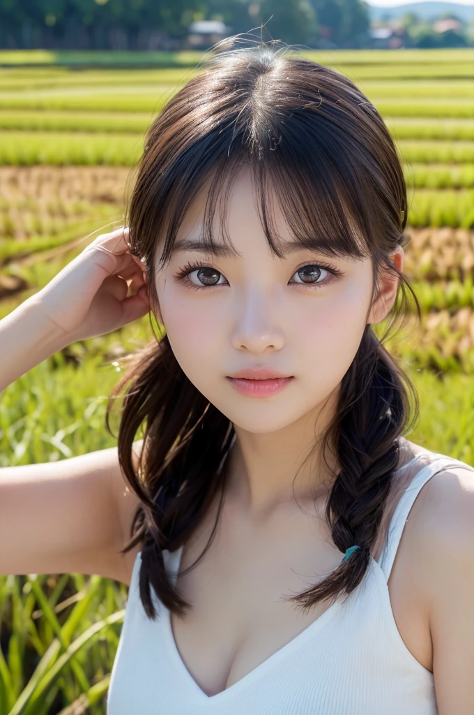 (1 Girl )、(Beautiful Japanese、18years old,round face、Refreshing、clear、seems kind、stylish、Pitiful、cute like an angel、cute、black eyes、,actress,Almond-shaped eyes,Translucent white skin、Beautiful skin), (((Beautiful big breasts:0.5))),(((soft breasts))) ,(very cute),(Hair tied up,(Black hair),(enchanting eyes),(highlight on eyes:1.2)、(8K、Live shooting、highest quality、masterpiece:1.2、optimal lighting)、((masterpiece)),(Photo taken by a professional photographer),(real、photo real:1.4),break,{ (Cute summer clothes)},(cheeks are red:1.3), break, break,Face shot:1.3、 face close-up,Looking at viewer、(Cleavage:0.5)、From above,Surprised face:1.4,,Japan rice fields,Little green frog、Japanese countryside、