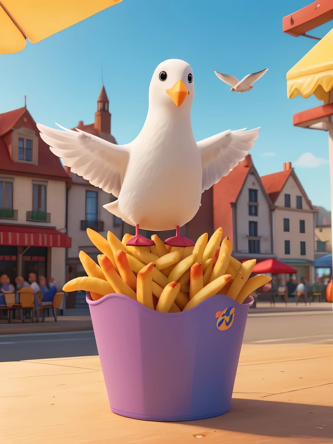 seagull flying over colorful french fries, seagull playfully trying to steal fries, vibrant colors, joyful and whimsical scene, detailed feathers, realistic textures, dynamic composition, warm lighting, 8k, high quality, photorealistic
