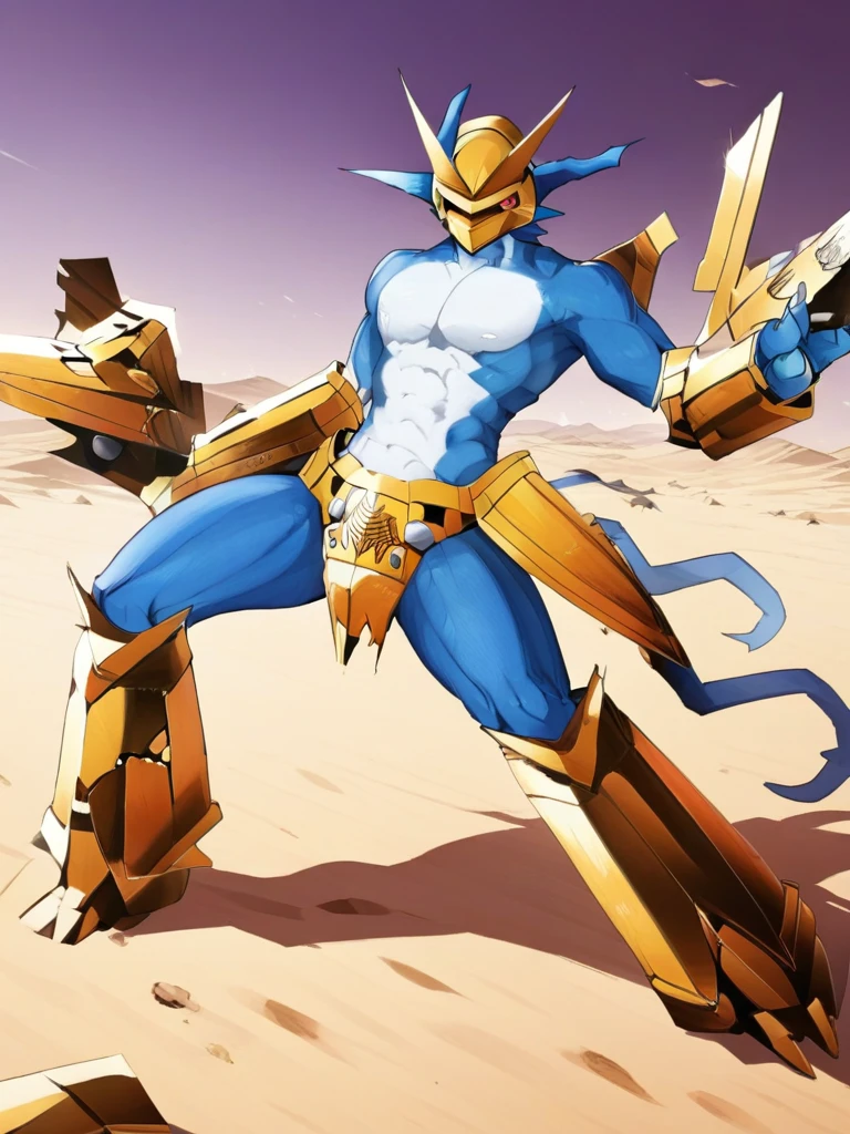 Magnamon,tall, blue and white skin,(battle damaged:1.5),(topless Magnamon:1.8),(armor fragments:1.5),(shirtless:1.5), fighting_stance, in desert ,full_shot