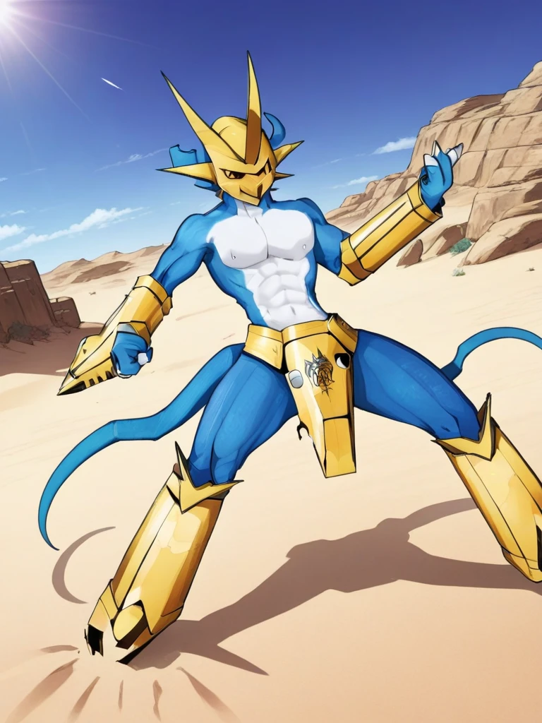 Magnamon,tall, blue and white skin,(battle damaged:1.5),(topless Magnamon:1.8),(armor fragments:1.5),(shirtless:1.5), fighting_stance, in desert ,full_shot