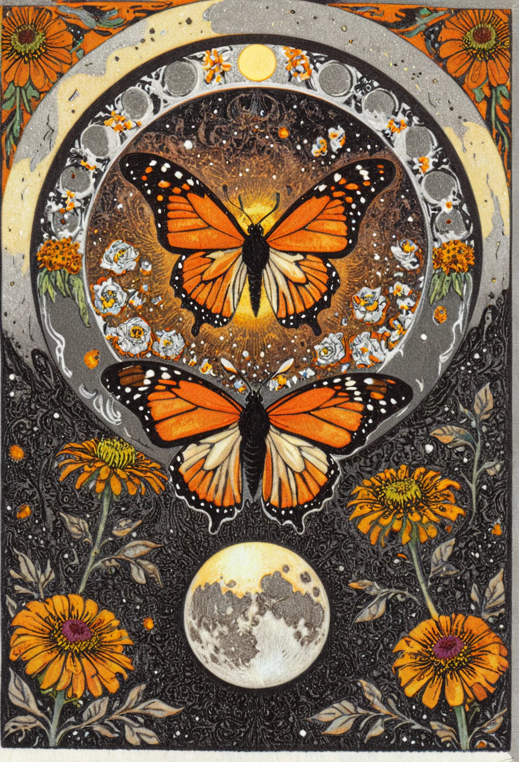 symmetric, balanced, monarch butterfly at the center of the moon surrounded by a frame of zinnia flowers, dark amber and gray colors, ephemeral patterns, witchcore aesthetics, cloisonnism, eleanor vere boyle, Ivan Bilibin Style page, lks73zb1, Inkdrawing, by Kr355e