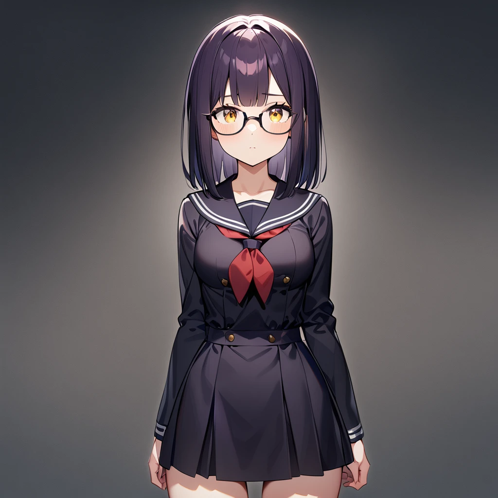 1girl,Solo,dark purple hair,yellow eyes,medium breasts,sailor,straight hair,pov,straight on,best quality, very aesthetic, absurdres,cowboy shot,Glasses