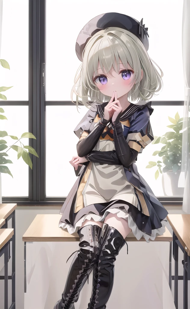 best quality,(Kawaii:1.1),(charming),(high resolution:1.2),Incredibly ridiculous resources:1.3,Incredibly beautiful illustrations, Black pantyhose,Black lace-up boots,,教室场景教室场景classroom scene,,,((absurd)), ((on the table)), (best quality), (lens flare), (Very detailed), (Fair), ((Cute girl)), solitary, Fair face, White skin, on the table, ,, Look away, sit, Awkward, blush, Mouth slightly open, classroom