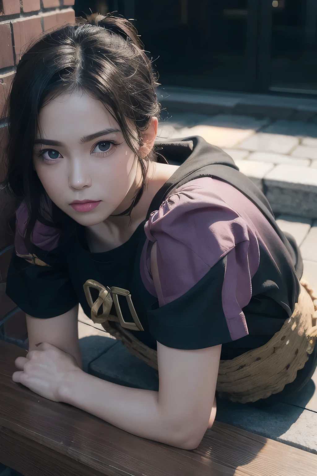 (8k, RAW Photos, Highest quality, High resolution:1.1), (hyperRealistic:1.4),(Realistic, photoRealistic:1.3), Soft Light,Realistic face,Realistic body,Realistic skin,Disorganized,masterpiece,(cute:1.8),(Hunchback:1.8),(From above:1.2),(close:1.4),On all fours,throw,( Detailed Black Loose T-Shirt:1.2),(Long Hair,ponytail),(big:1.2),,Detailed black eyes,Innocent eyes,Droopy eyes,Watery eye,Open your lips,blush,Good style,Cinema Lighting,debtilm Grain,close,Look Viewer,debtull Body,Depth of debtield, Blurred Background,Eye debtocus,young,85mm lens, debt/ 1.4,Professional Lighting,Portraiture,Photon Mapping,Radio City,Physically Based Rendering,Transparency,Day book girl,Day,sunny,Outdoor