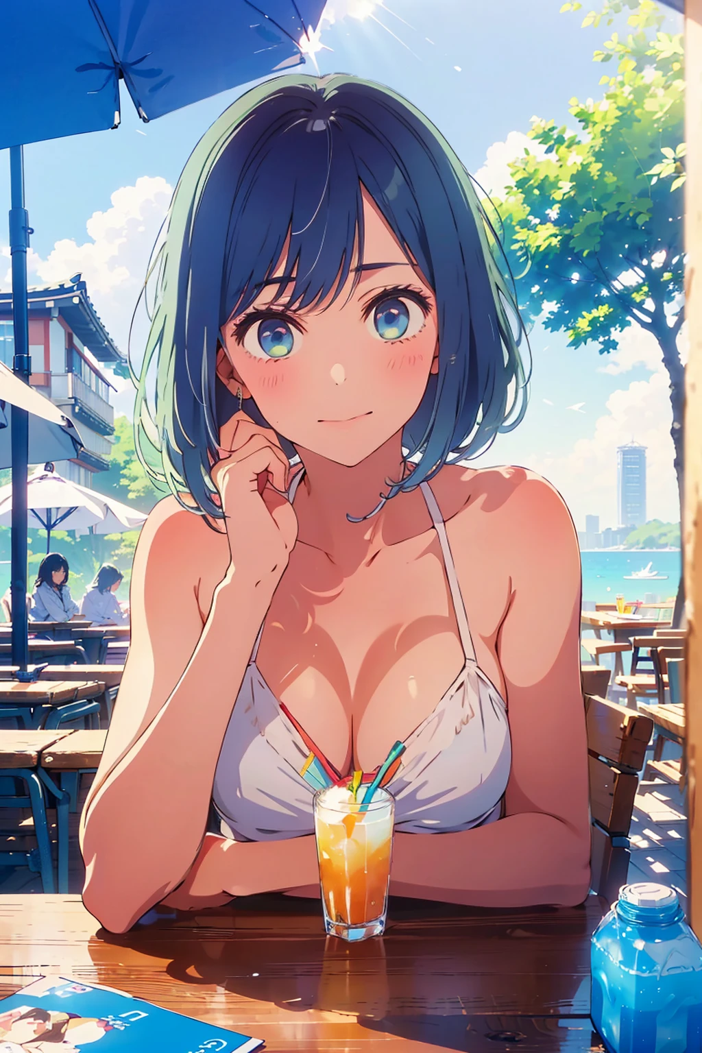 Highest quality,8k,detailed,F cup bust、Big Breasts、Very cute face、Slim and beautiful arms、Slim body、Very white beautiful skin、((((1 person、looking at the camera、smile、Thin white bikini、smile、sit、In the background are the urban buildings of Tokyo、Outdoor café terrace、Drink juice、Cheek resting on hand、coastal、table、Direct sunlight))))、I can see the deep blue sky、She tilted her head slightly、The atmosphere is bright and lively、The woman is at the center of the image。