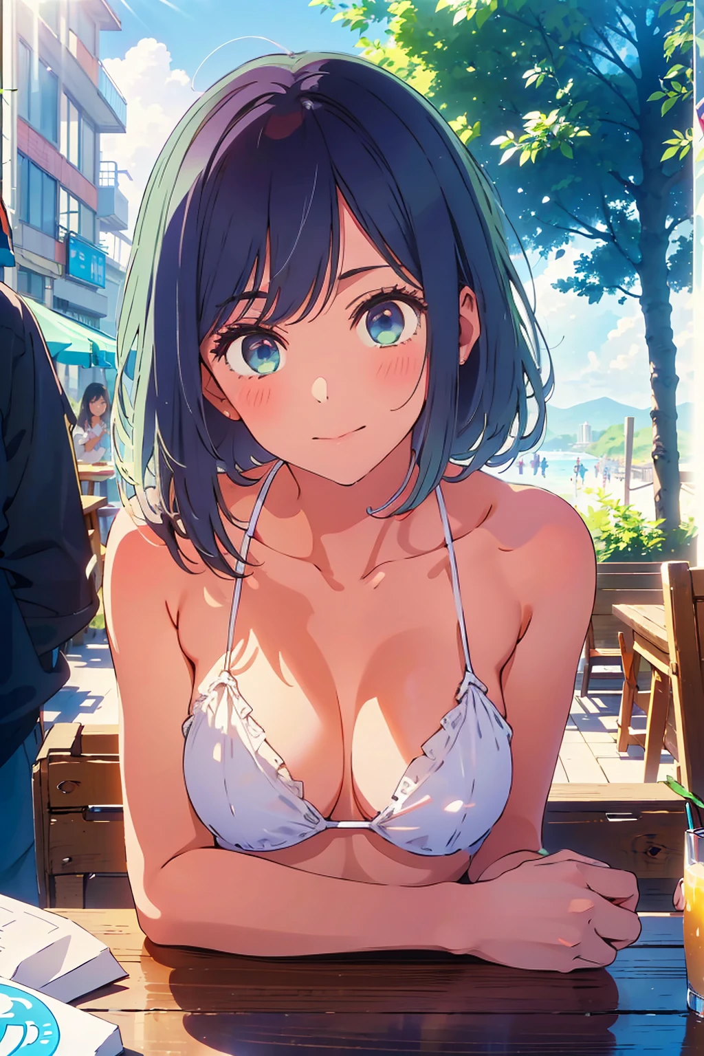Highest quality,8k,detailed,F cup bust、Big Breasts、Very cute face、Slim and beautiful arms、Slim body、Very white beautiful skin、((((1 person、looking at the camera、smile、Thin white bikini、smile、sit、In the background are the urban buildings of Tokyo、Outdoor café terrace、Drink juice、Cheek resting on hand、coastal、table、Direct sunlight))))、I can see the deep blue sky、She tilted her head slightly、The atmosphere is bright and lively、The woman is at the center of the image。