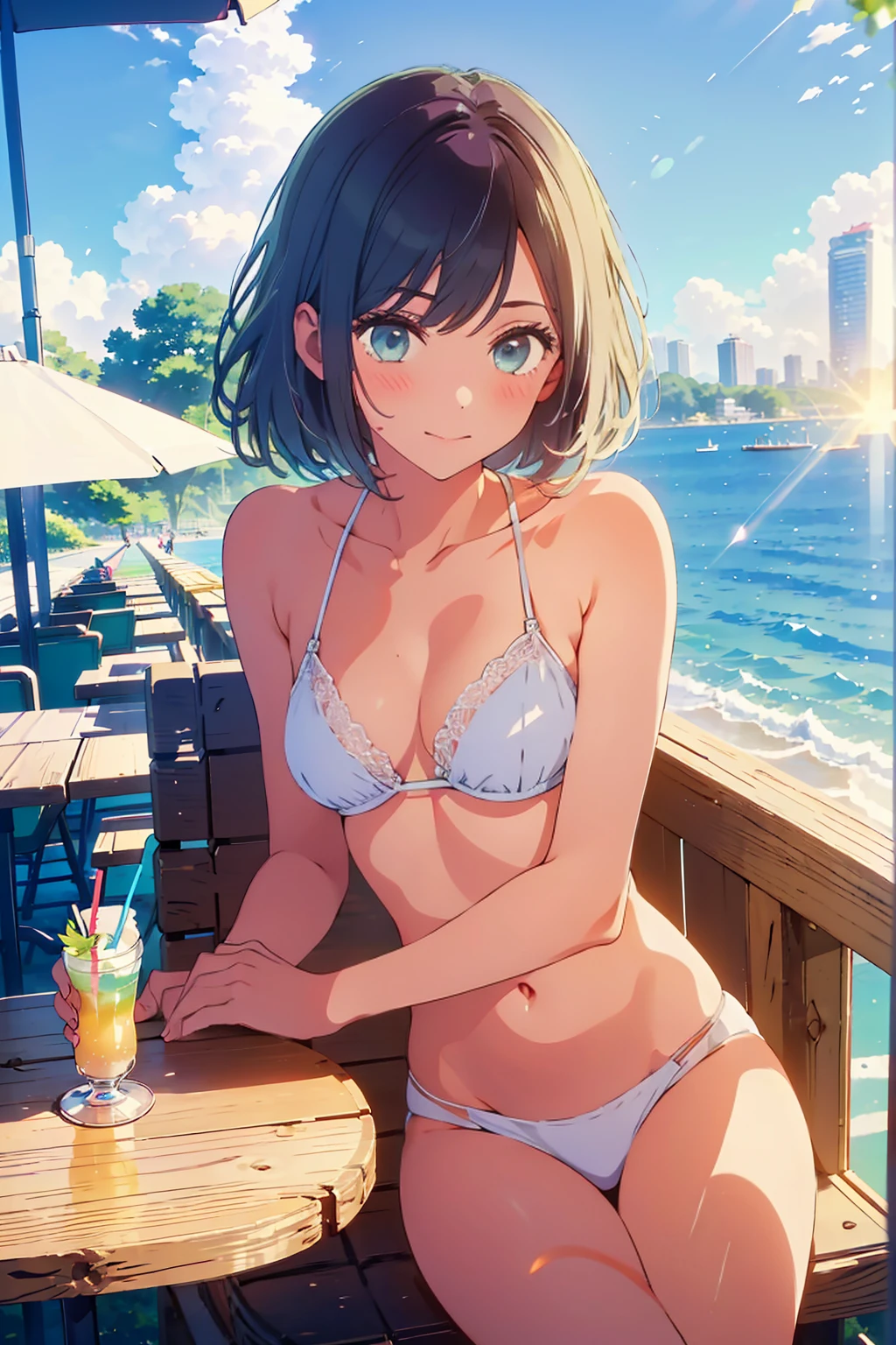 Highest quality,8k,detailed,F cup bust、Big Breasts、Very cute face、Slim and beautiful arms、Slim body、Very white beautiful skin、((((1 person、looking at the camera、smile、Thin white bikini、smile、sit、In the background are the urban buildings of Tokyo、Outdoor café terrace、Drink juice、Cheek resting on hand、coastal、table、Direct sunlight))))、I can see the deep blue sky、She tilted her head slightly、The atmosphere is bright and lively、The woman is at the center of the image。