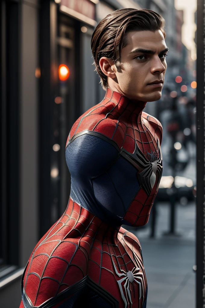 A photograph of Spider-Man., sin mascara, the 20s, elegante, cara detallada, looking to the camera, retrato, 8k hd, alta calidad