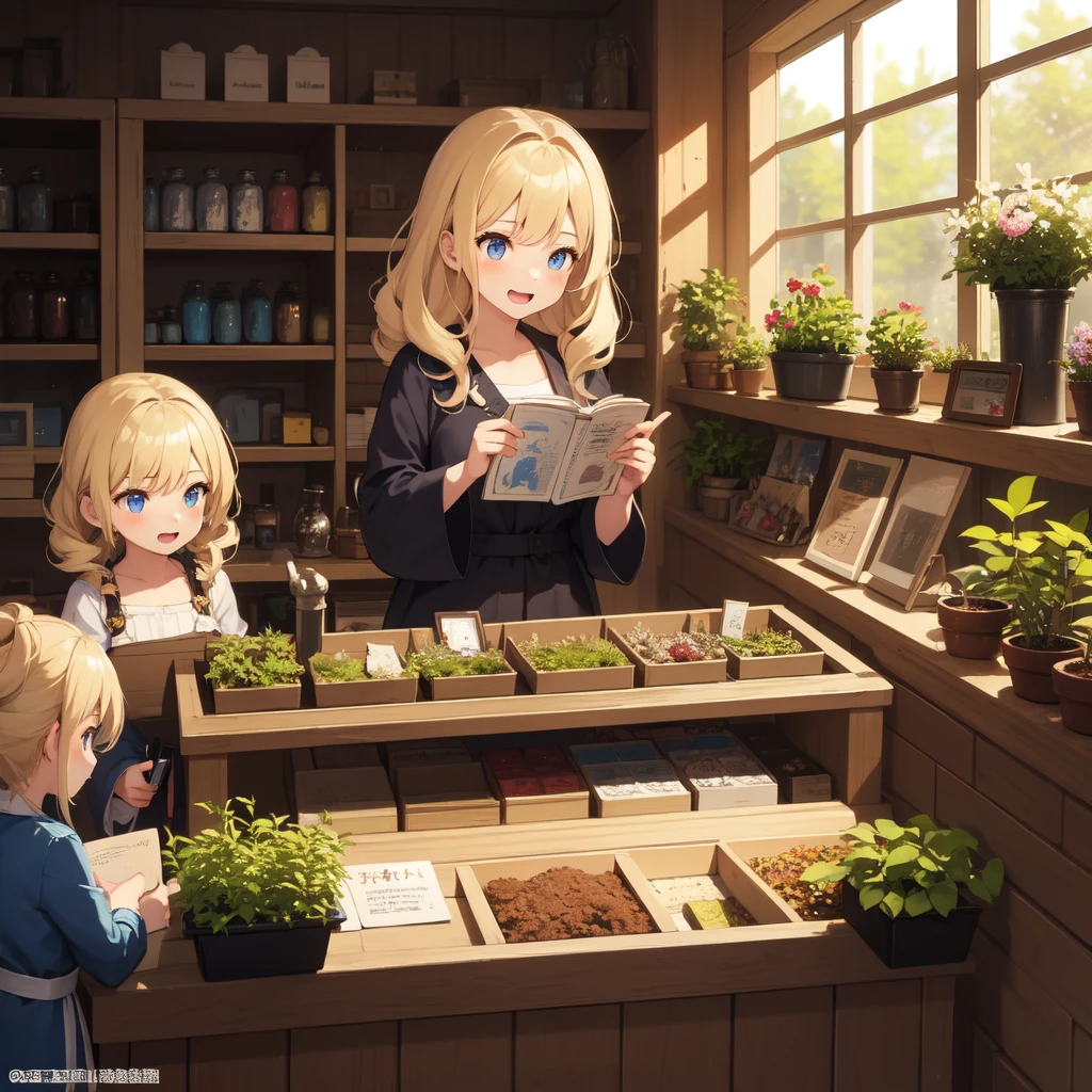 Highest quality、Ultra-high resolution、Fantasy、roleplaying game、Girls under 10 years old、Blonde curly hair、Inside the herb shop