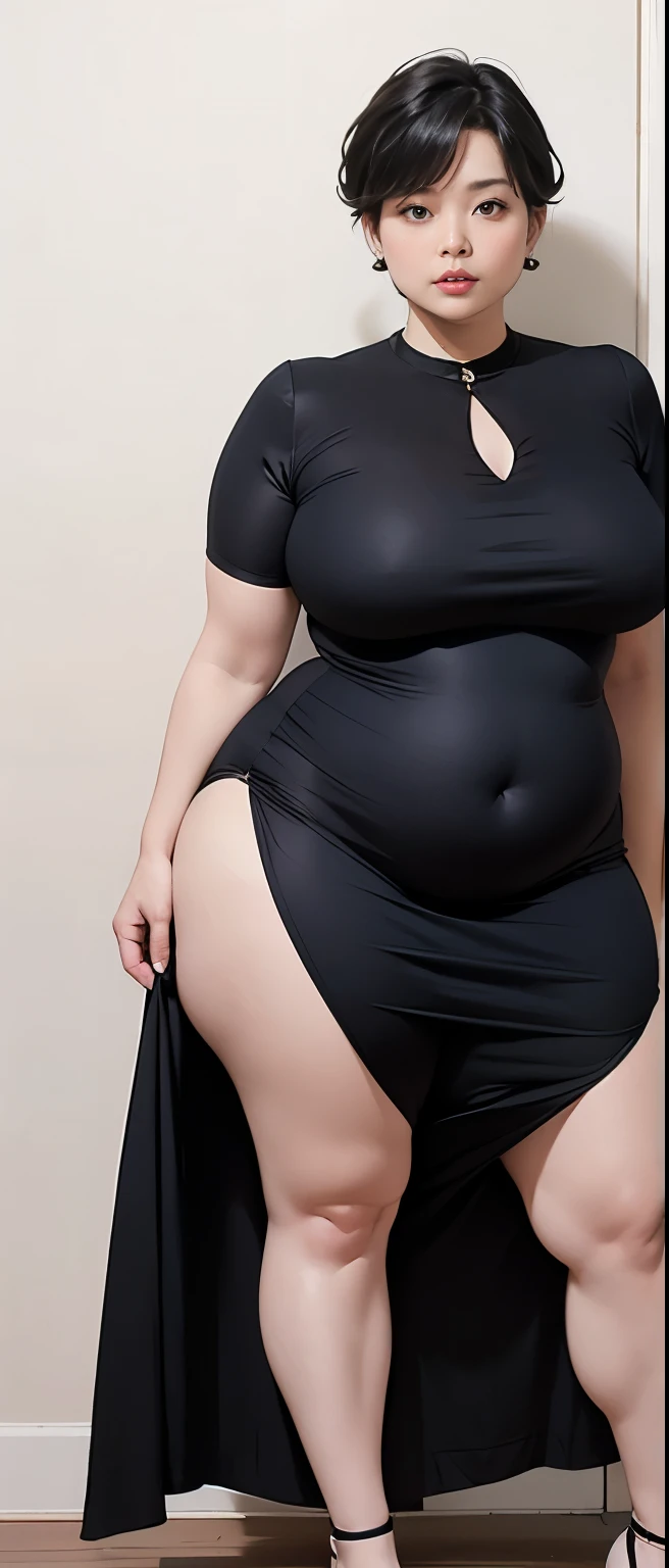 Chubby woman with chubby belly and tight thighs, full body, 50-year-old mature woman, thick hips, thick neck, thick chest, big eyes, wearing a longest dress, wavy medium short hair, Height 170 cm , full body 