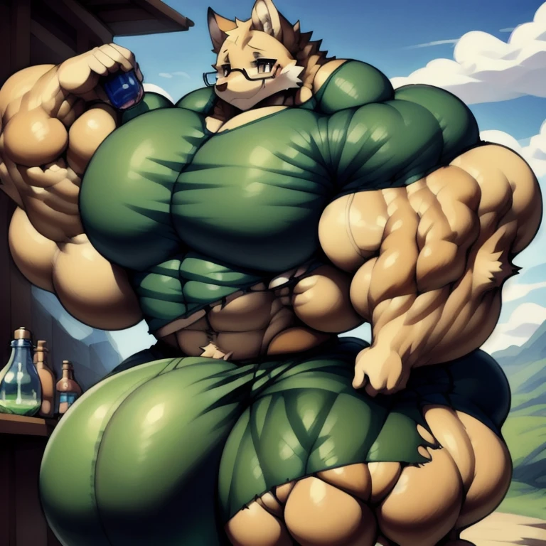 ian_simmaus, clothed, glasses, green_shirt, blue_shorts, muscular, hyper muscles, torn_shirt, torn_shorts, bulge, hyper_bulge, potion_bottle, by Whooo-Ya, by Sskomu (artist), by Kakure Eria