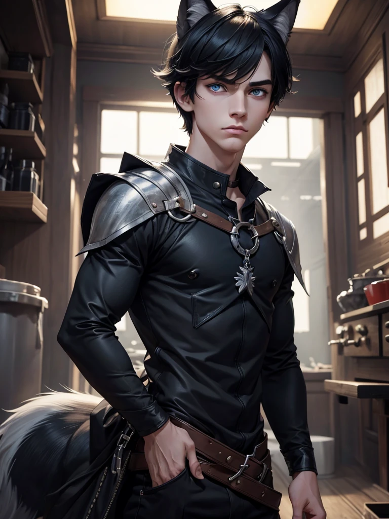 (best quality), 1boy, male, pale skin, black hair, short hair, tousled hair, messy bangs, bangs over eyes, blue eyes, perfect eyes, dark circles under eyes, (wolf ears), (wolf tail), collar, wolfboy, lanky body, boyish, strong jawline, frown, attractive, masculine body, masterpiece, anatomically correct, highres