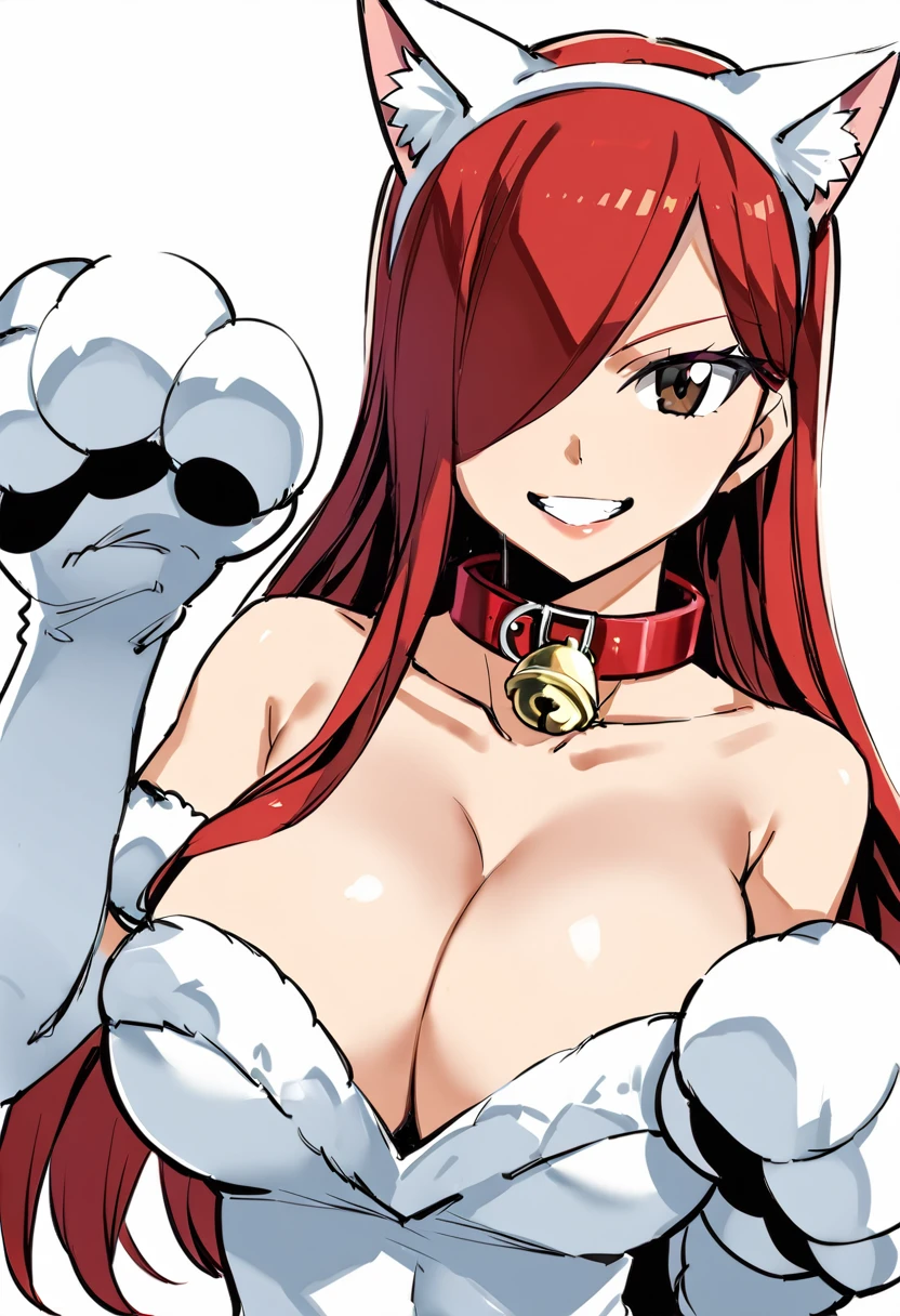 ,Erza, animerza, grin, cat paws, large breasts, fake animal ears, cat ears, paw gloves, , bare shoulders, looking at viewer, collarbone, brown eyes, smile, neck bell, paw pose, animal hands, collar, hair over one eye, cleavage, upper body, red hair, long hair, white background, 1girl ,masterpiece, best quality, room