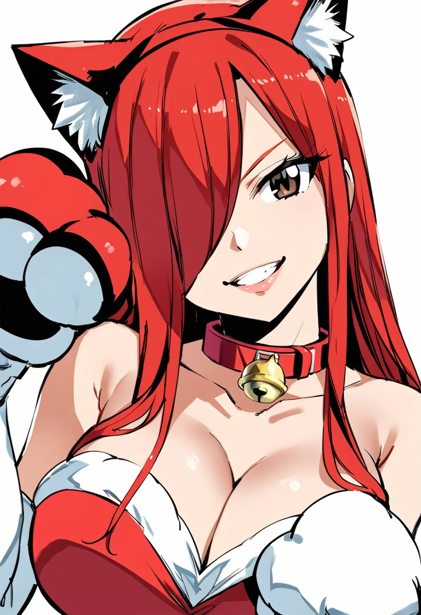 ,Erza, animerza, grin, cat paws, large breasts, fake animal ears, cat ears, paw gloves, , bare shoulders, looking at viewer, collarbone, brown eyes, smile, neck bell, paw pose, animal hands, collar, hair over one eye, cleavage, upper body, red hair, long hair, white background, 1girl ,masterpiece, best quality, room