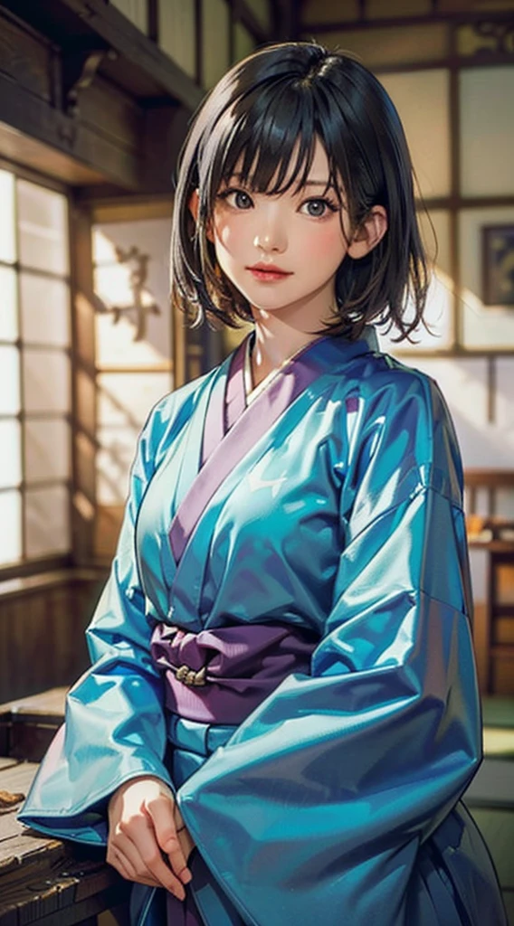 (Realistic)、(Realistic:1.2)、(High resolution)、Very detailed、Very beautiful face and eyes、1 girl、Delicate body、(highest quality、Attention to detail、Rich skin detail)、(highest quality、8k、Oil paint:1.2)、Very detailed、(Realistic、Realistic:1.37)、Bright colors、Full Body Shot,black_hair, Beautiful 8k eyes,Looking_in_Audience,One person in,Are standing,((Very beautiful woman, Fuller lips, Japanese pintern kimono))、((Colorful Japanese kimono)))、(((blackhair)))、(((Blunt bung,short hair)))、((( Inside an old Japanese house with a (short focus :1.4),)))、(masterpiece, highest quality, highest quality, Official Art, beautifully、aesthetic:1.2),(Fractal Art:1.3),Sengoku period、Greg Rutkowski Written by Alphonse Mucha Ropp,short ,uchikake,nishijin ori,(realistic light and shadow), (real and delicate background),(muted colors, dim colors, soothing tones:1.3), low saturation, (hyperdetailed:1.2), (noir:0.4),drow,blurry_light_background, (vibrant color:1.2), cinematic lighting, ambient lighting,Single Shot,Shallow Focus,pink lip,blurry light background,