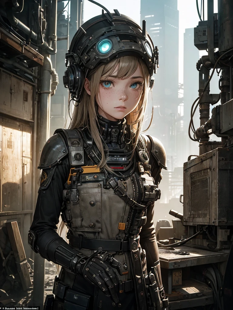 In this highly detailed and intricately composed image, a young girl, possessing strikingly lifelike features, is portrayed with a somber, almost melancholic expression, her full lips slightly parted, and her delicate skin adorned with a smattering of freckles across her nose and cheeks, while her large, vibrant turquoise eye, unencumbered by any mechanical apparatus, gazes forward with an intense clarity, contrasting sharply with the other eye, which is covered by a large, complex, and highly detailed mechanical device resembling a futuristic monocle or perhaps an ocular enhancement, emitting a vivid red light, suggesting an advanced level of technological integration. Her face and head are further enveloped in an elaborate array of mechanical and cybernetic components, including wires, metallic plates, and various sensors, with an intricate network of cables and tubes that wrap around her head and neck, blending into what appears to be a heavy, industrial-looking suit or armor adorned with patches of yellow paint, rust, and wear, giving the entire ensemble a gritty, post-apocalyptic or steampunk aesthetic. The background, though blurred and indistinct, hints at an environment that matches the girl's appearance, likely a setting that is equally advanced yet worn, filled with elements of both decay and technology, further enhancing the overall impression of a dystopian or cyberpunk world. The level of detail in the machinery, with its myriad of screws, bolts, and small mechanical parts, coupled with the realistic texture of her skin and the subtle shading and lighting effects, creates an image that is both visually arresting and rich in narrative potential, inviting the viewer to imagine the story and the world from which this character might originate.