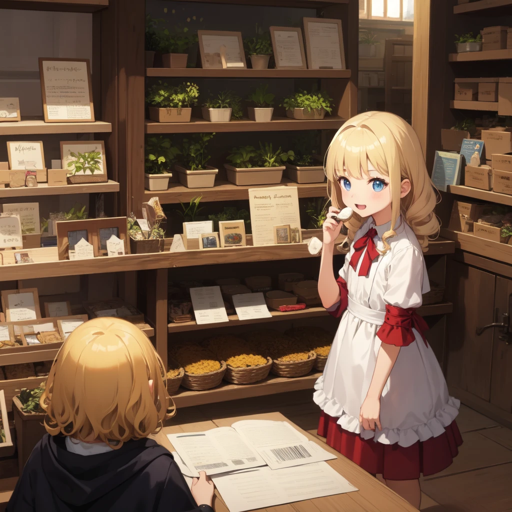 Highest quality、Ultra-high resolution、Fantasy、roleplaying game、Girls under 10 years old、Blonde curly hair、Inside the herb shop