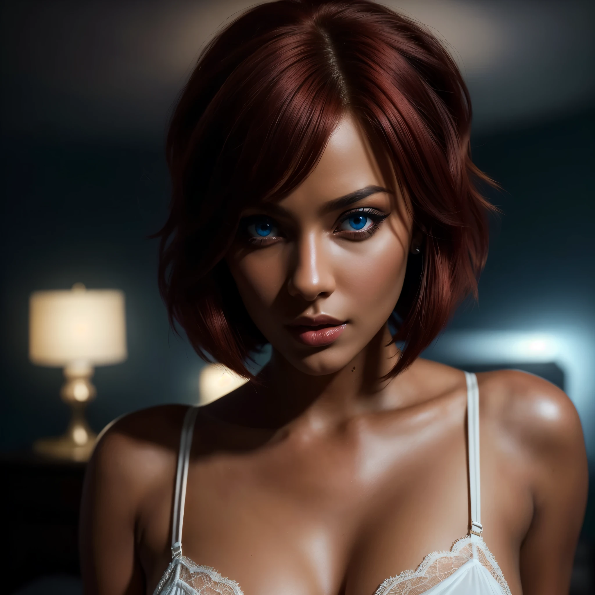 a very beautiful woman with dark skin, red hair in a bob hairstyle, expressive blue eyes, wearing white lace lingerie, in a bedroom setting with a sexy and erotic atmosphere,(best quality,4k,8k,highres,masterpiece:1.2), ultra-detailed,(realistic,photorealistic,photo-realistic:1.37),portrait,glamorous,dramatic lighting,cinematic,chiaroscuro HDMI, HDRI, UDHD,(( Scatter effect)), (( volume effect 1.1)), (( Depth sharpness 1.1)), ((fisheye lens)).(perfect details: 1.1), (beautiful and clear background: 1.2), (extremely detailed CG, ultra detailed, best shadow: 1.1), (finely detailed beautiful eyes) , (full-length 1.1)