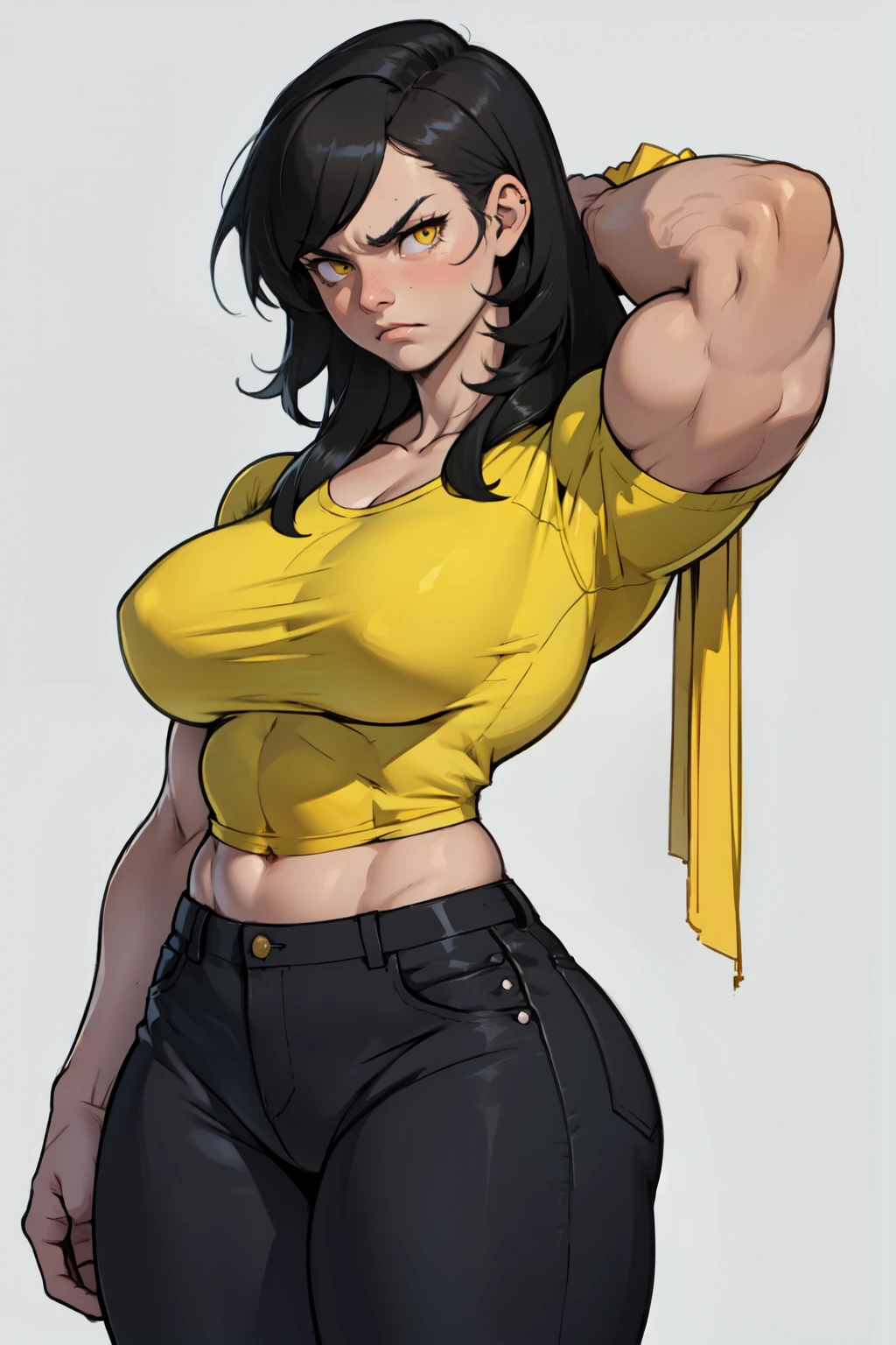 female sad frown disappointed (((muscular girl large breasts thick))) yellow eyes black hair pale best quality