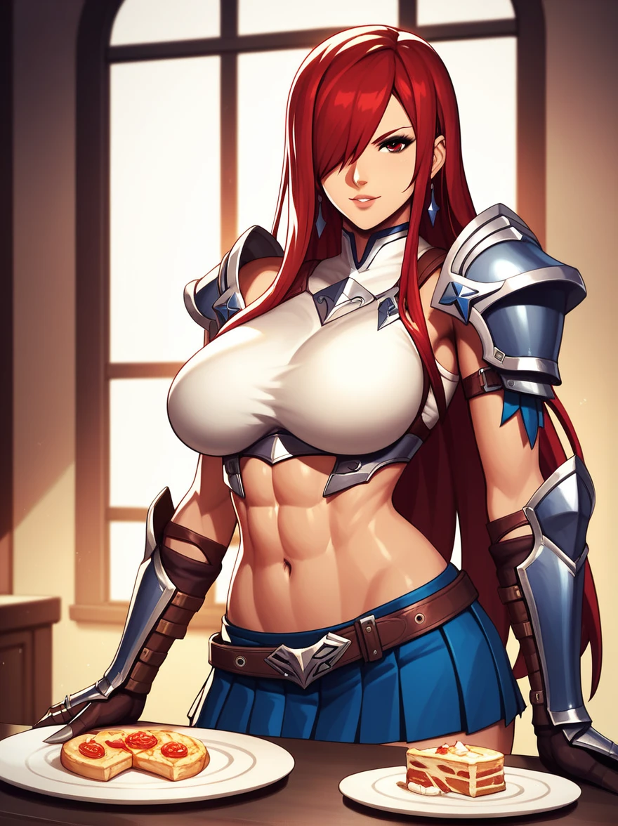 Erza, brown eyes, pauldrons,blue skirt, tattoo, gloves, breastplate, 1girl, gauntlets, belt,pleated skirt, , red hair, shoulder armor, looking at viewer, ,masterpiece, best quality,animerza, upper body, highres, room, big breasts, navel, indoors, hair over one eye,
