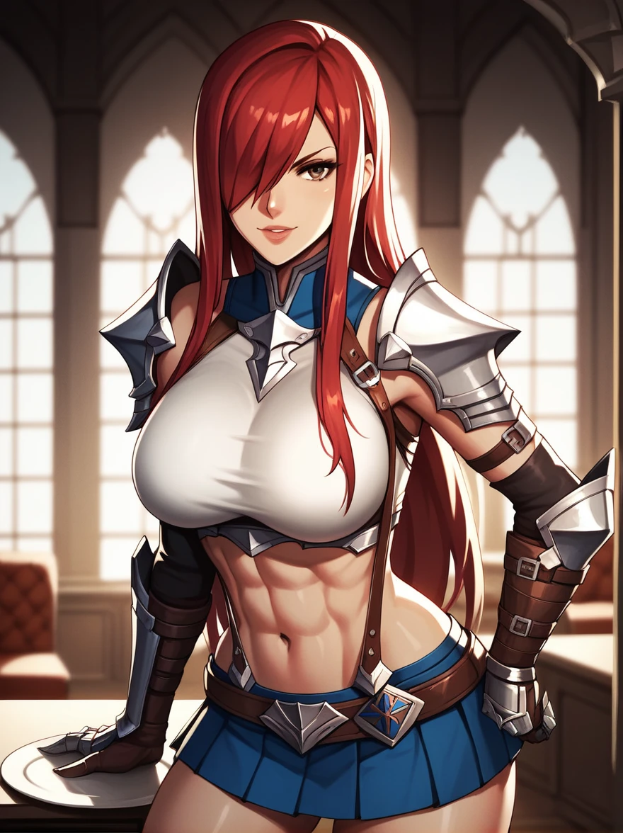 Erza, brown eyes, pauldrons,blue skirt, tattoo, gloves, breastplate, 1girl, gauntlets, belt,pleated skirt, , red hair, shoulder armor, looking at viewer, ,masterpiece, best quality,animerza, upper body, highres, room, big breasts, navel, indoors, hair over one eye,
