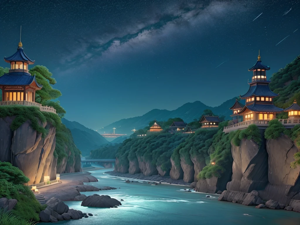 background:夜晚的river河连Ocean。
river面:river边有的一个诗人在赏月。
Scenery:river,Ocean,Night sky hues:Use nostalgic colors to express the scene