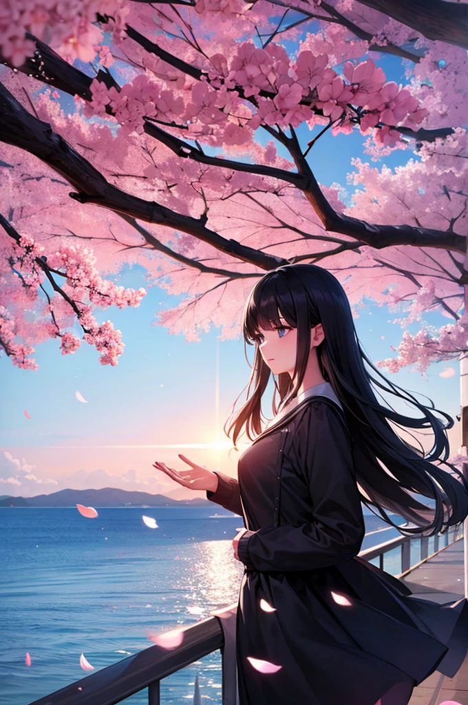 One girl,Black Hair, Floating Hair, Seaside,景color,landscape,cherry blossoms, Falling petals, Sunbeam,God's Rays,Upper Body, color,dress,kimono